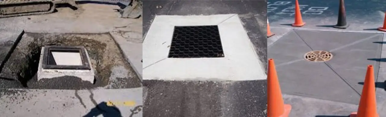 Three images of a catch basin being repaired to show the final product.