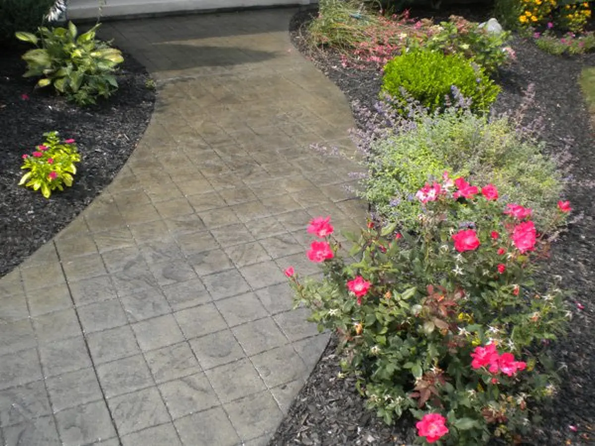 A new slate walkway with pink flowers along the path.