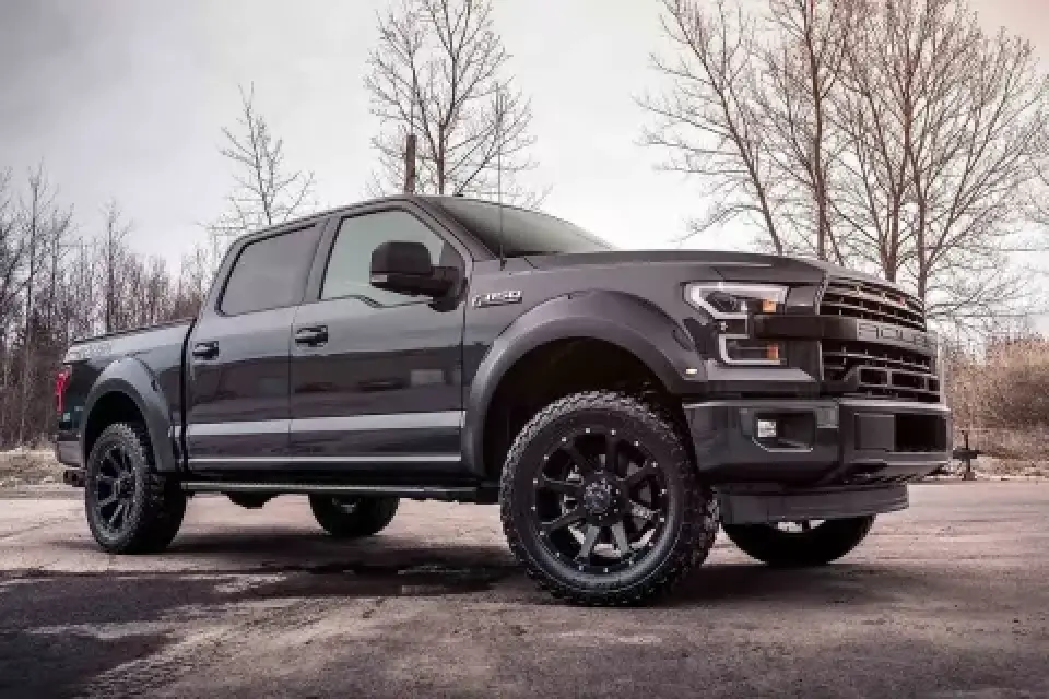 A black pickup truck parked on pavement with bare trees in the background.