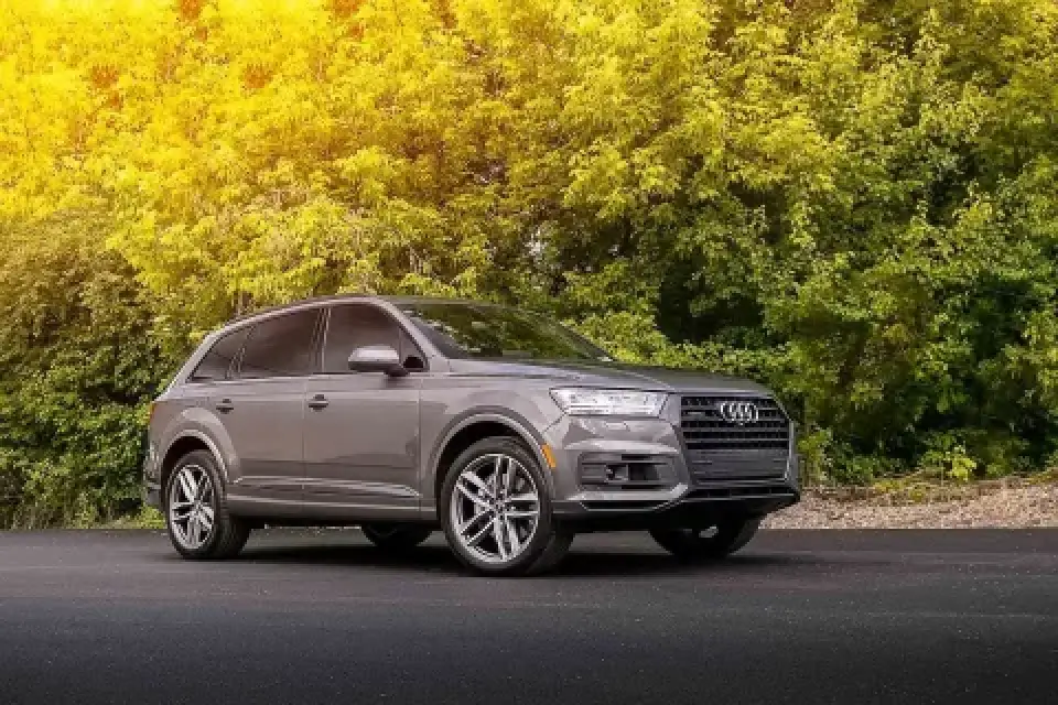 Gray Audi SUV parked on a paved road with lush green trees and bright sunlight in the background.