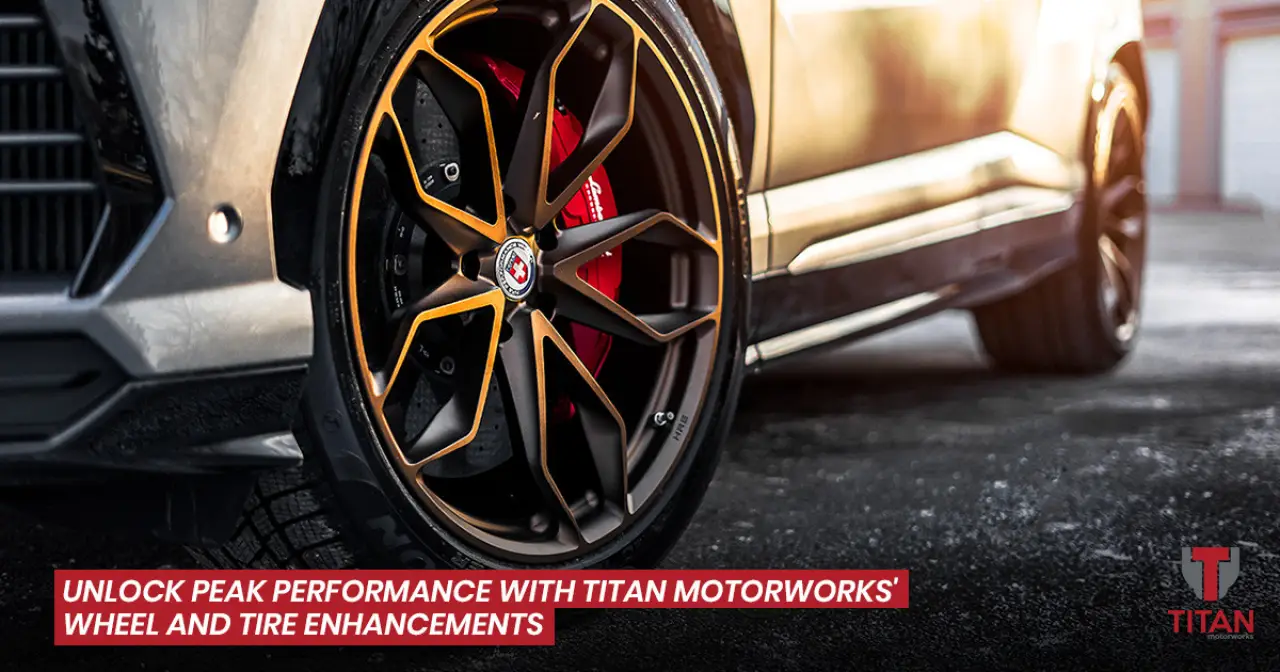 close-up of customized car wheel with red brake calipers and gold accents with titan motorworks branding