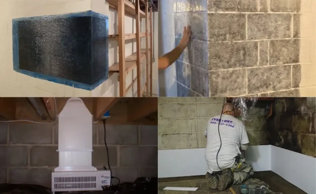 Four images show basement waterproofing steps: sealing, coating, dehumidifying, and installing panels.