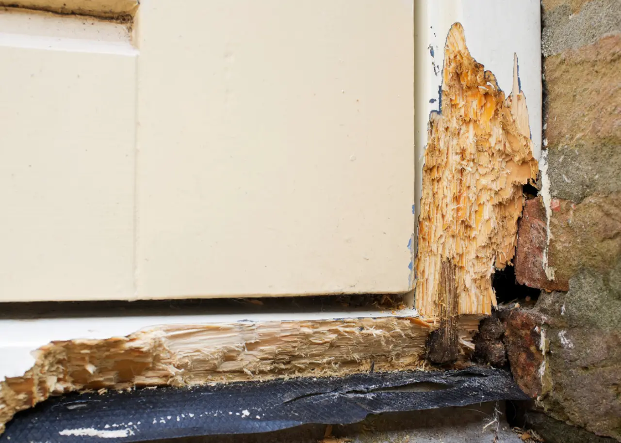 Wood rot and deteriorated wood in a basement.