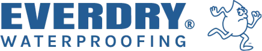Everdry Waterproofing logo with running water droplet cartoon character on the right.