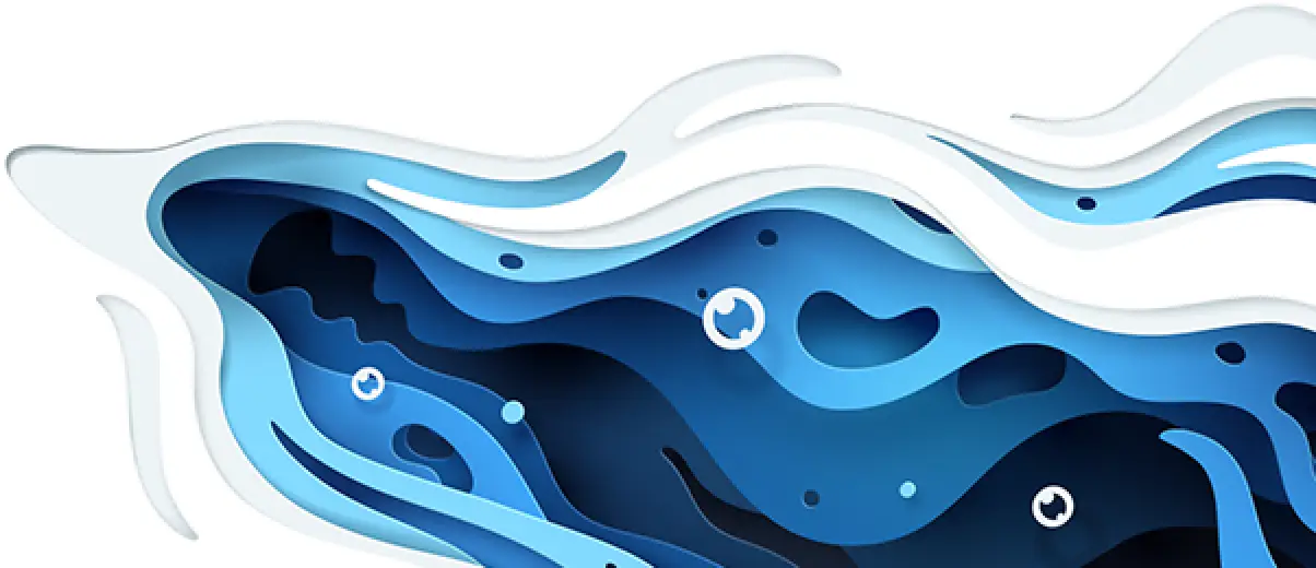 Abstract blue waves with white accents and bubbles, resembling layered water or liquid flow.