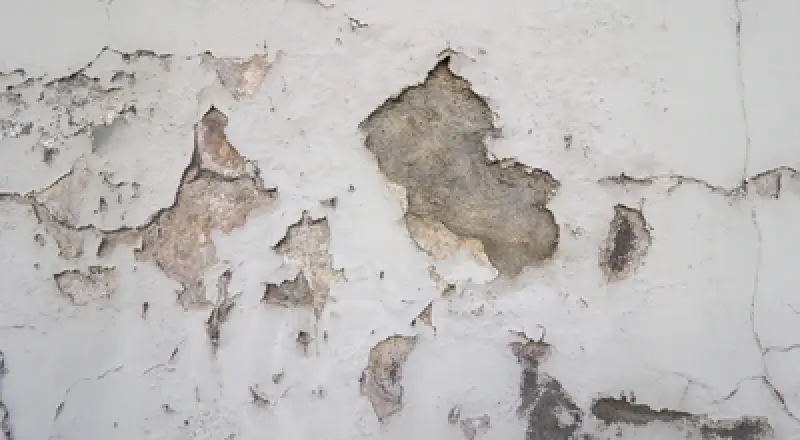 Peeling white paint on a wall reveals patches of damaged and weathered surface underneath.