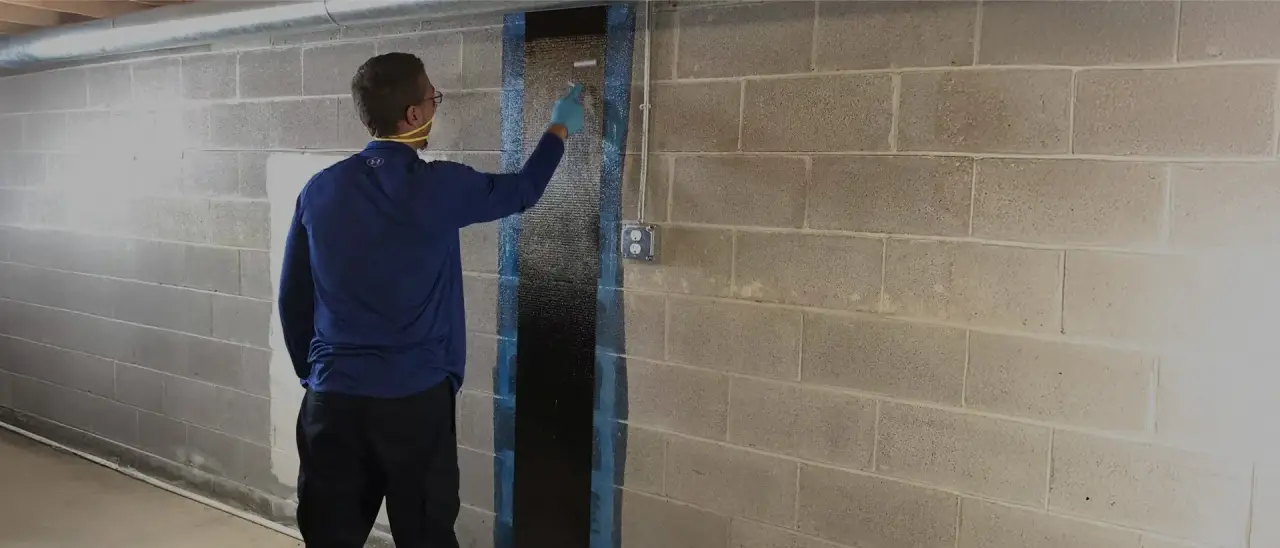 Person in blue shirt applies material to a wall strip in a basement, wearing a dust mask.