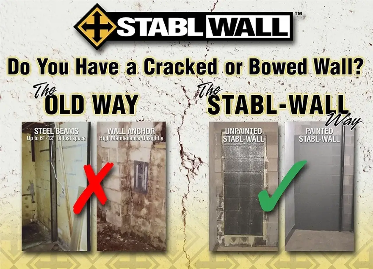 Comparison of old and new methods for fixing cracked walls, showing steel beams and STABL-WALL.