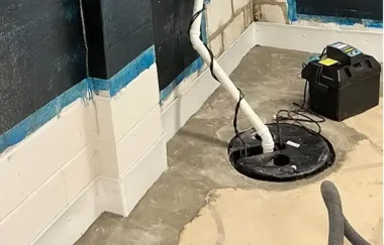 A drainage system in a basement of a house.