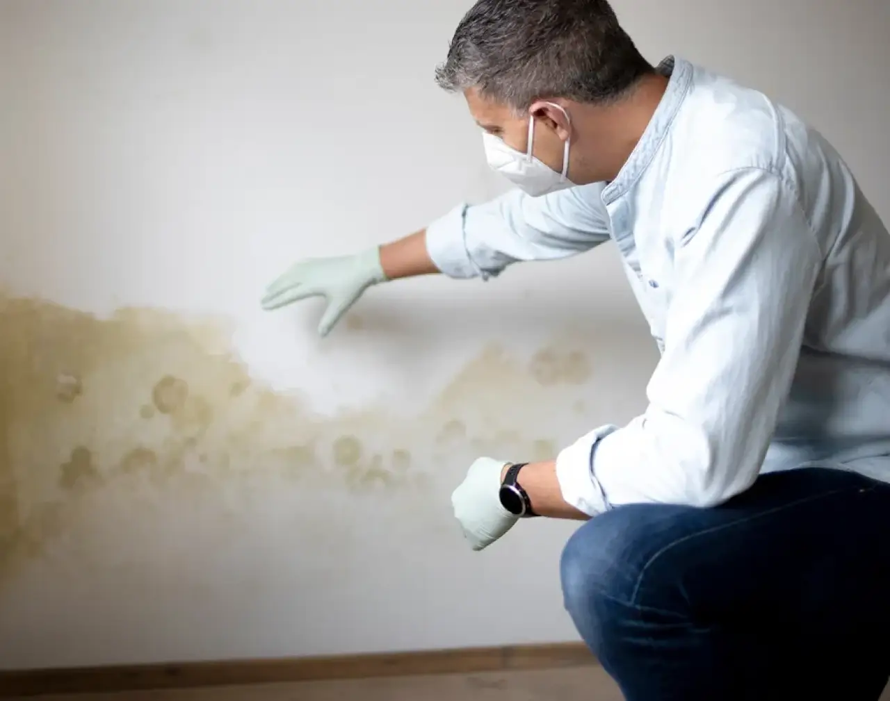 A person in gloves and a mask inspecting mold stains on a white wall.