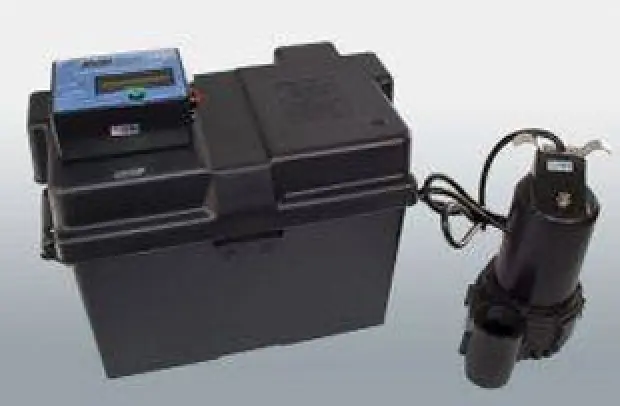 A black battery backup system and a sump pump connected by cables, on a light background.