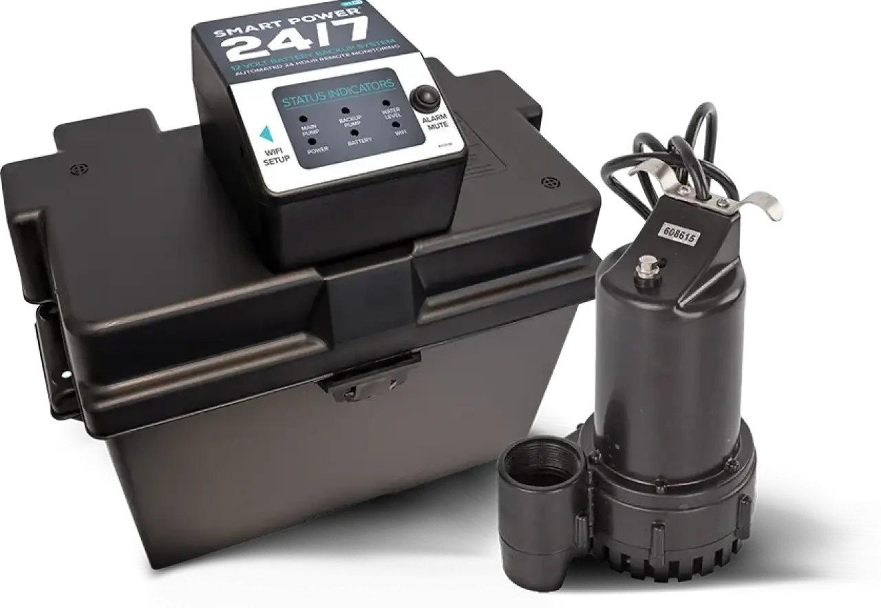 Battery backup system and submersible sump pump with control unit shown side by side.