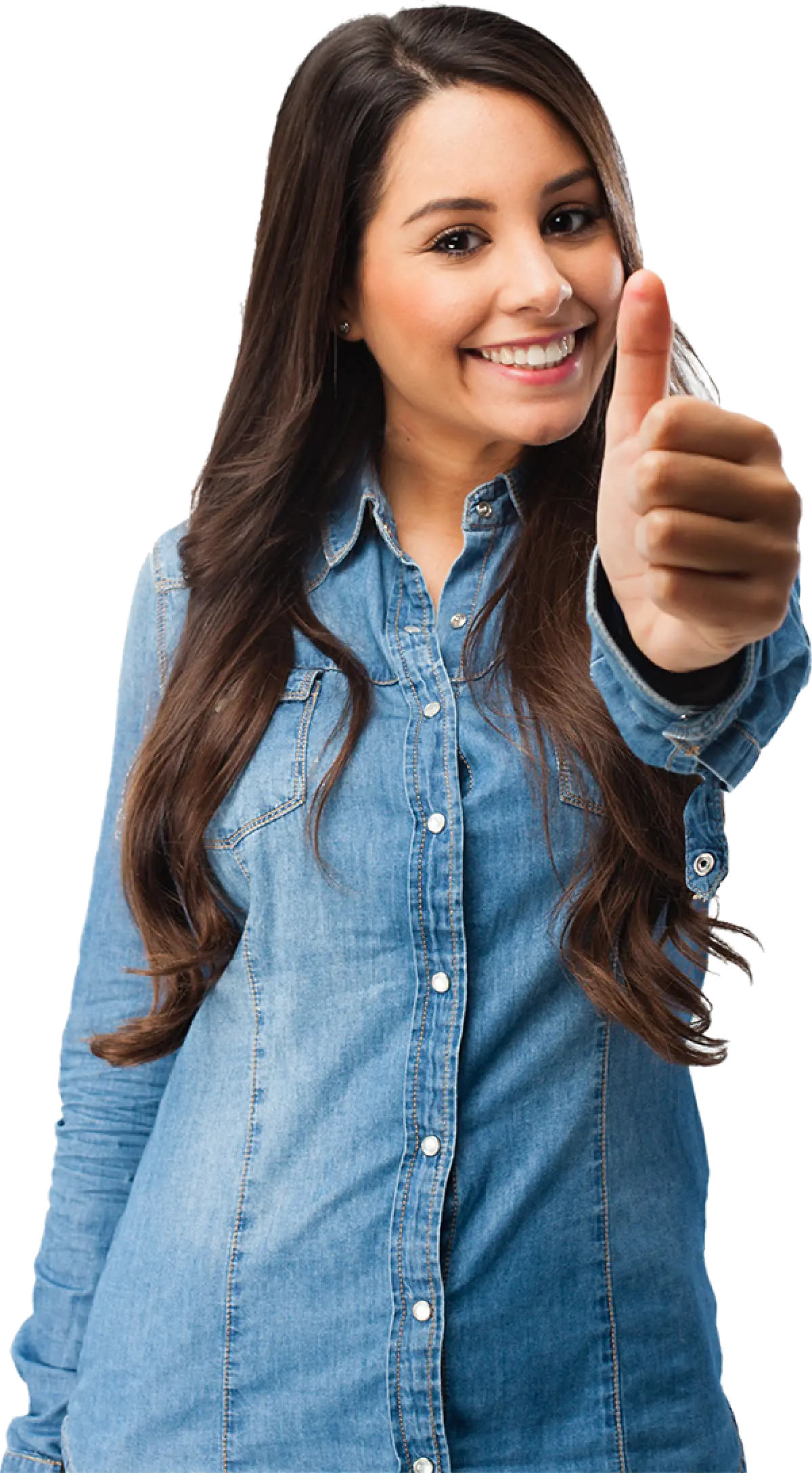 Smiling woman in a denim shirt giving a thumbs up, standing against a white background.