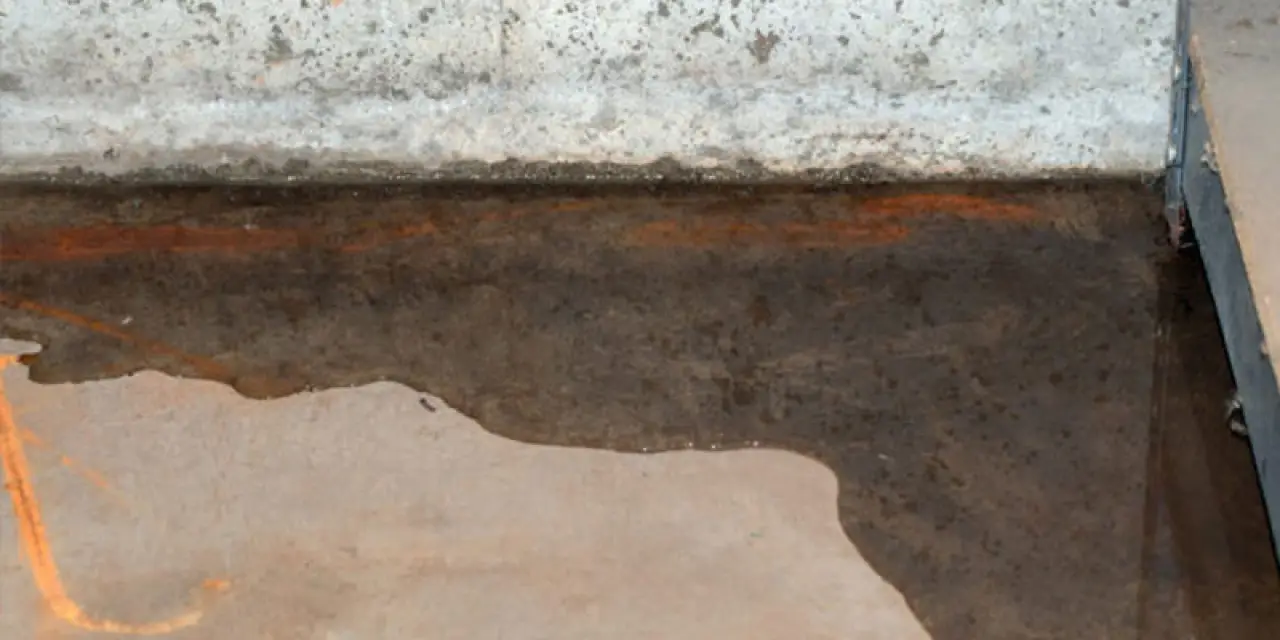 Water pooling on a concrete basement floor near a wall, indicating a possible leak or flooding.