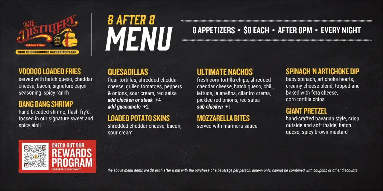 The Distillery 8 After 8 appetizer menu with $8 late-night specials