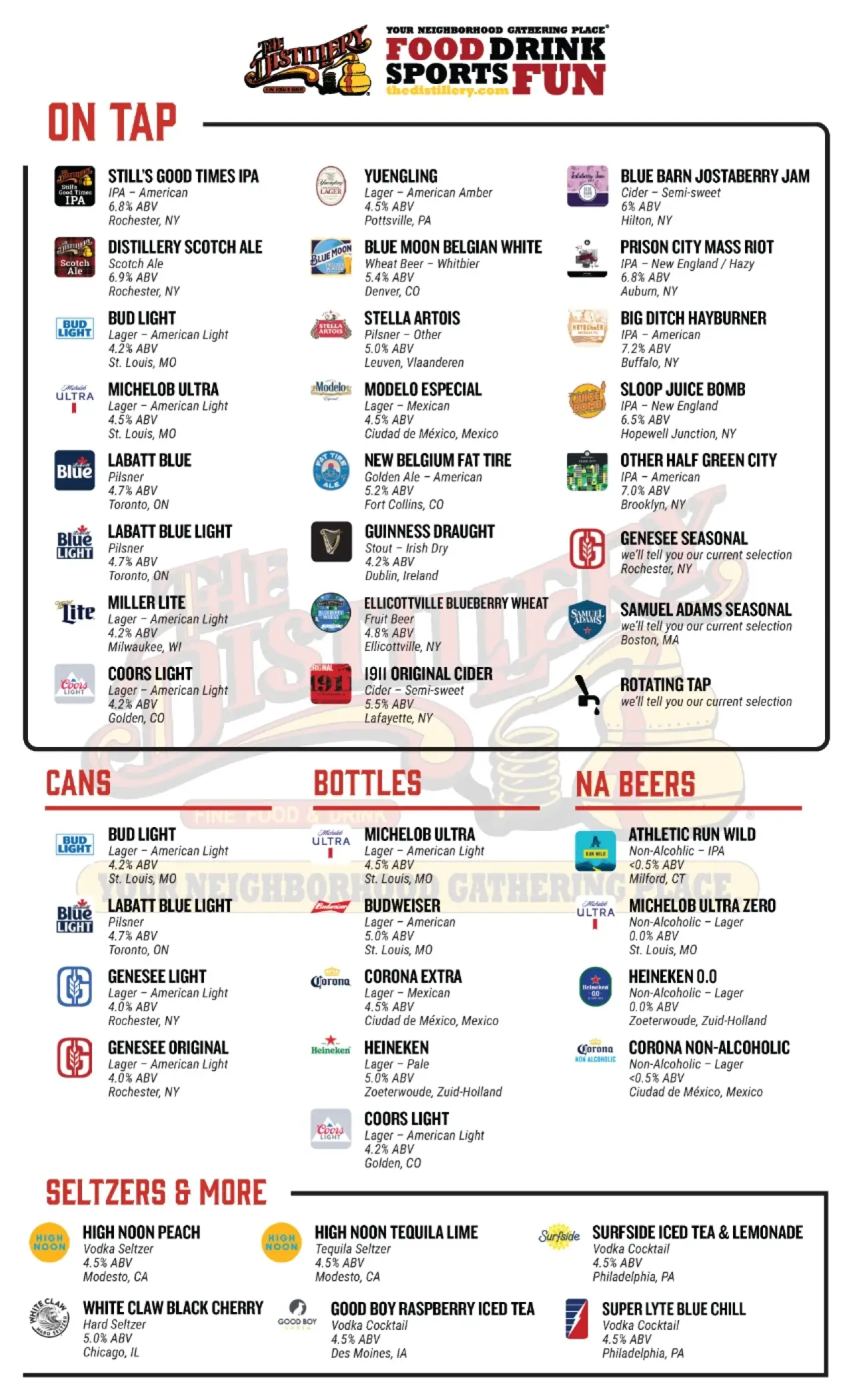 The Distillery beer menu listing draft, can, bottle, and nonalcoholic selections