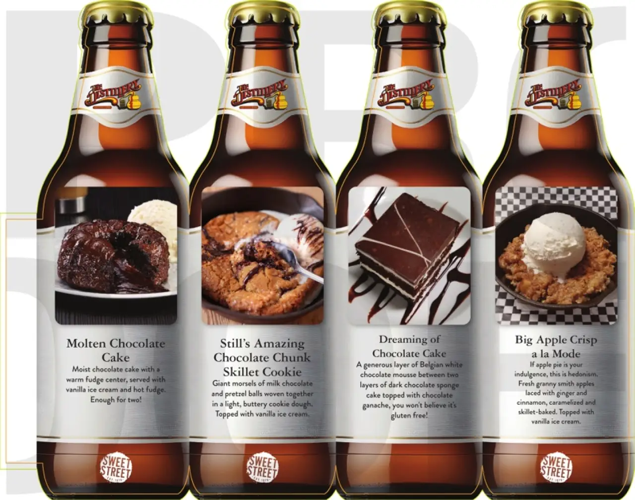 Four bottle-shaped dessert menu panels featuring cakes, cookie, and apple crisp.