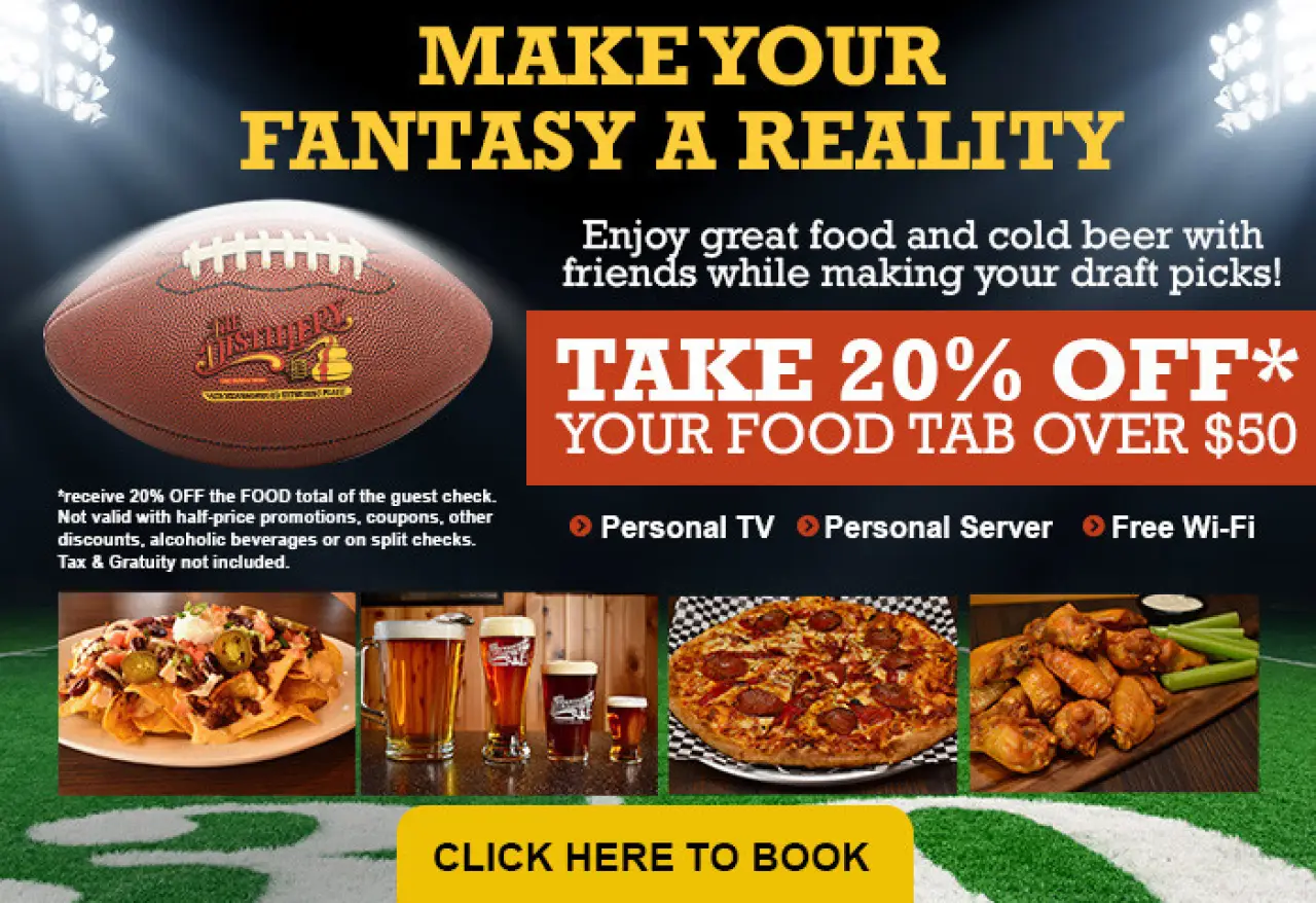 Fantasy football draft promotion with 20% off food at The Distillery.