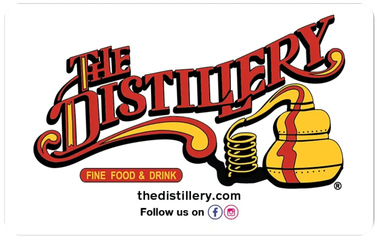 The Distillery gift card with logo and website.