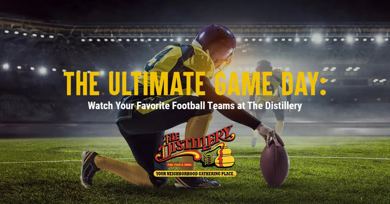 Football player kneeling on field with Distillery game day title