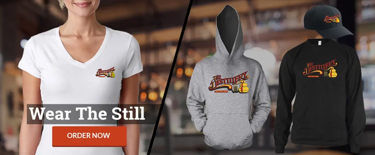 The Distillery branded shirts, hoodie, and hat merchandise.