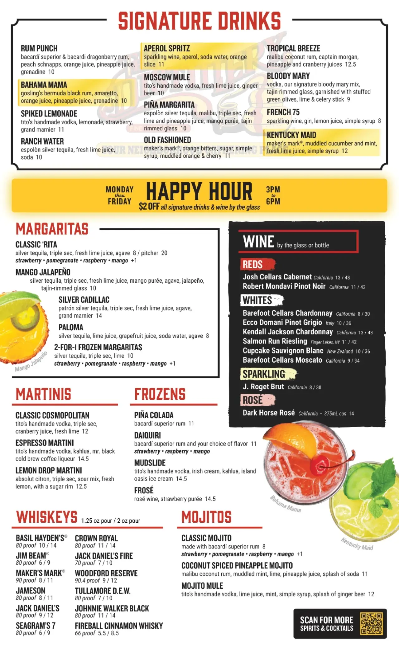 The Distillery signature drinks and wine menu with prices.