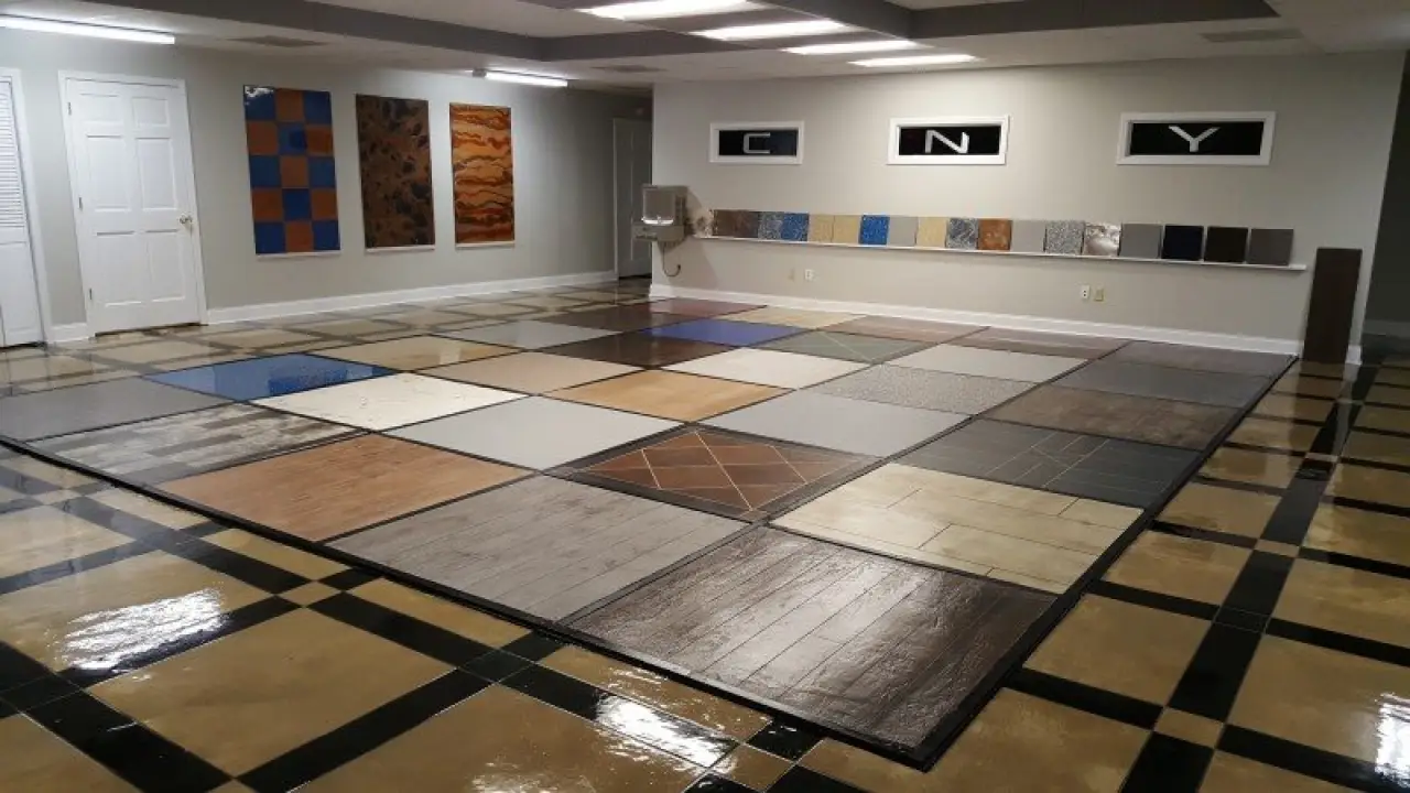Large room with many floor tile samples in various colors, styles, and patterns on display.