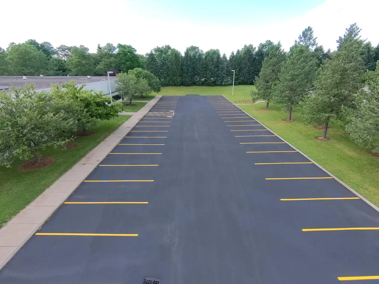 Empty parking lot with yellow lines, surrounded by grass, trees, and a sidewalk.
