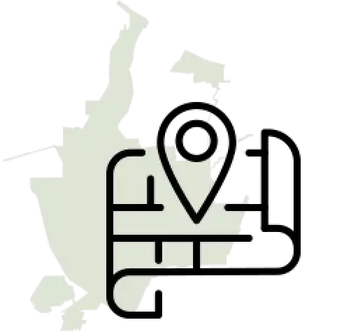 Map pin over a residential dumpster rental icon.