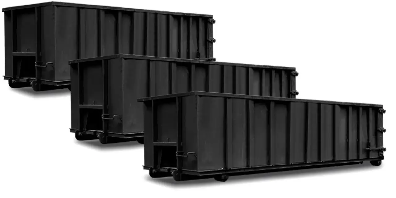 Three black roll-off dumpsters in different residential rental sizes.