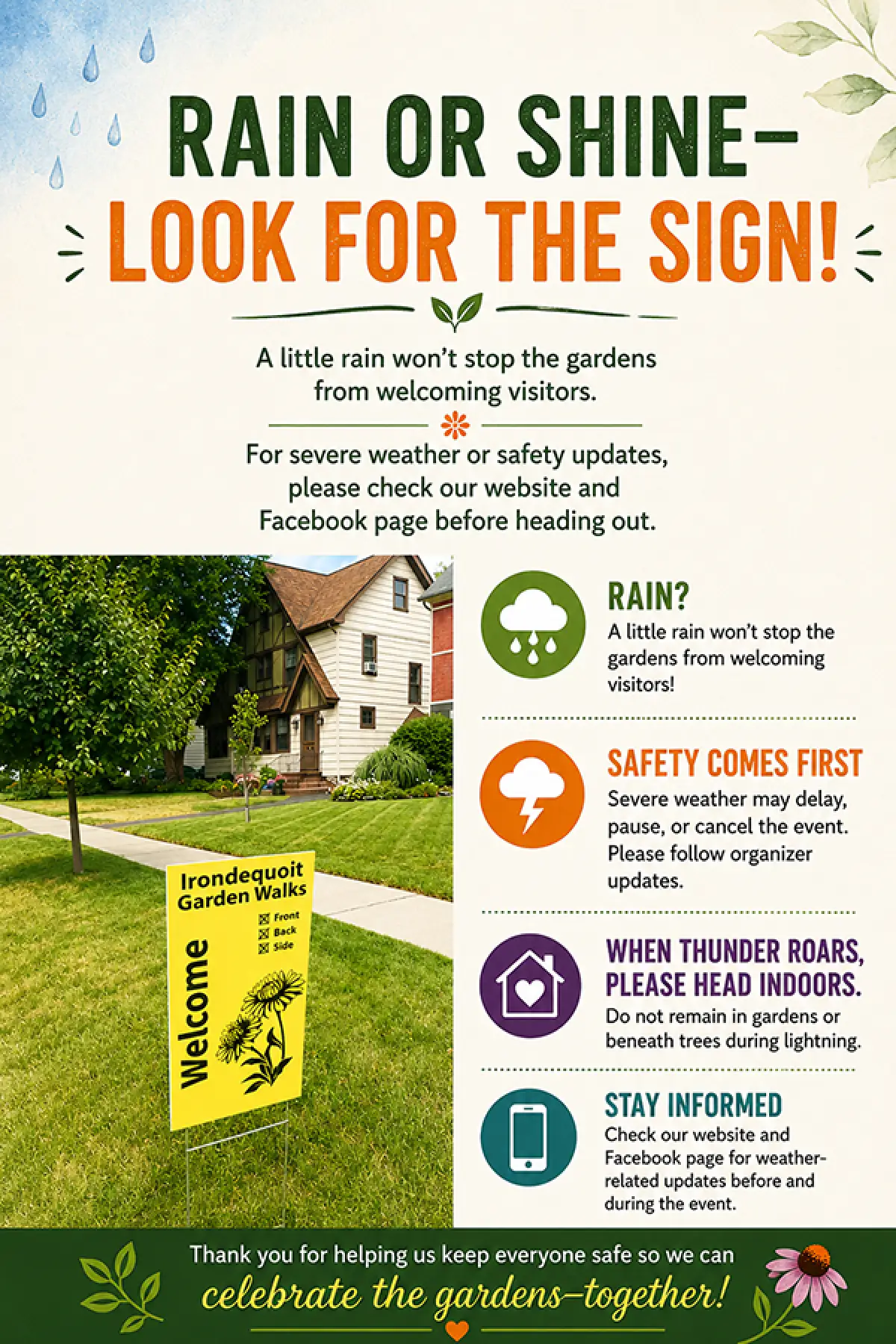 Rain or shine weather and safety guidance for Irondequoit Garden Walks