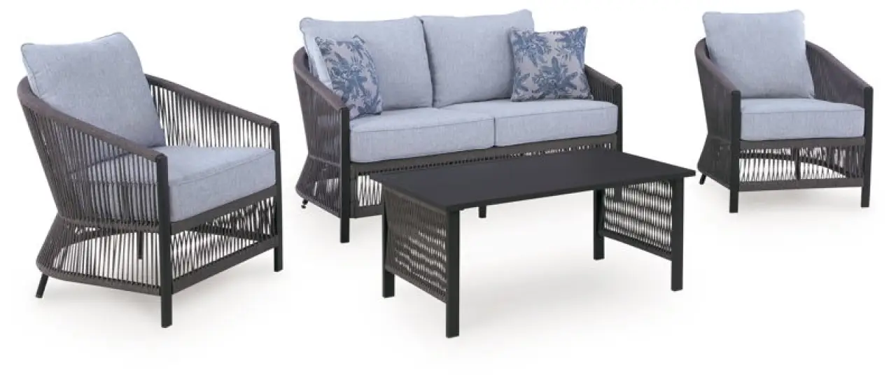 Bridges Beach - Loveseat, Lounge Chairs, Table Set (Set of 4) - Gray