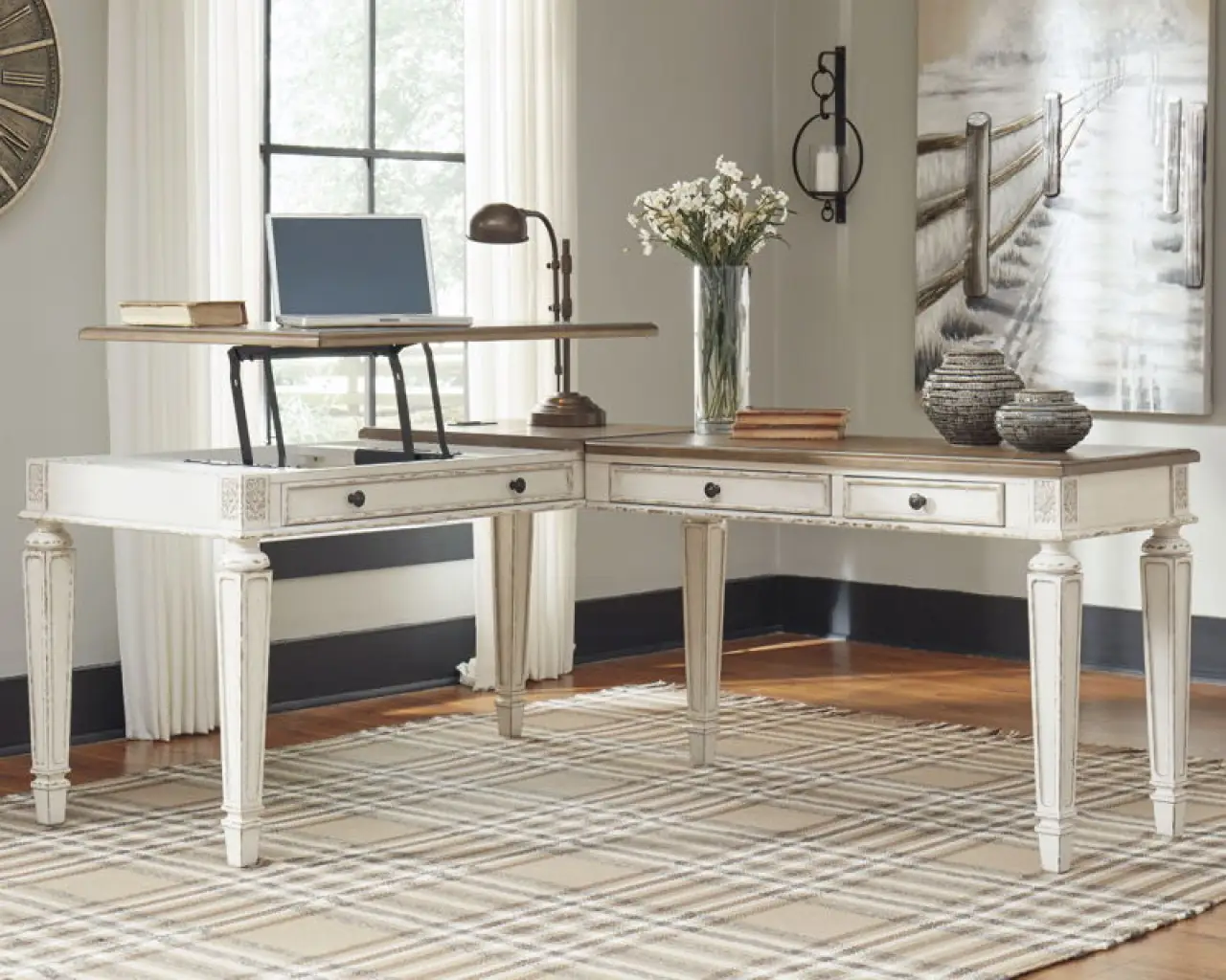 Realyn - L Shaped Desk with Lift Top - White / Brown