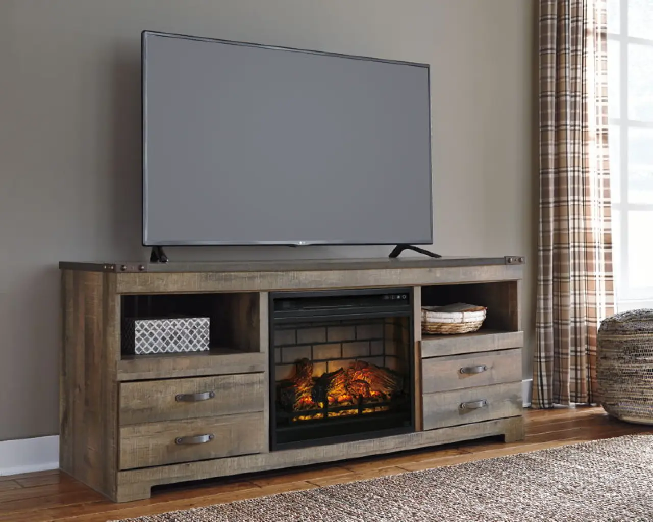 Trinell - 63" TV Stand With Glass/Stone Fireplace Insert - Brown