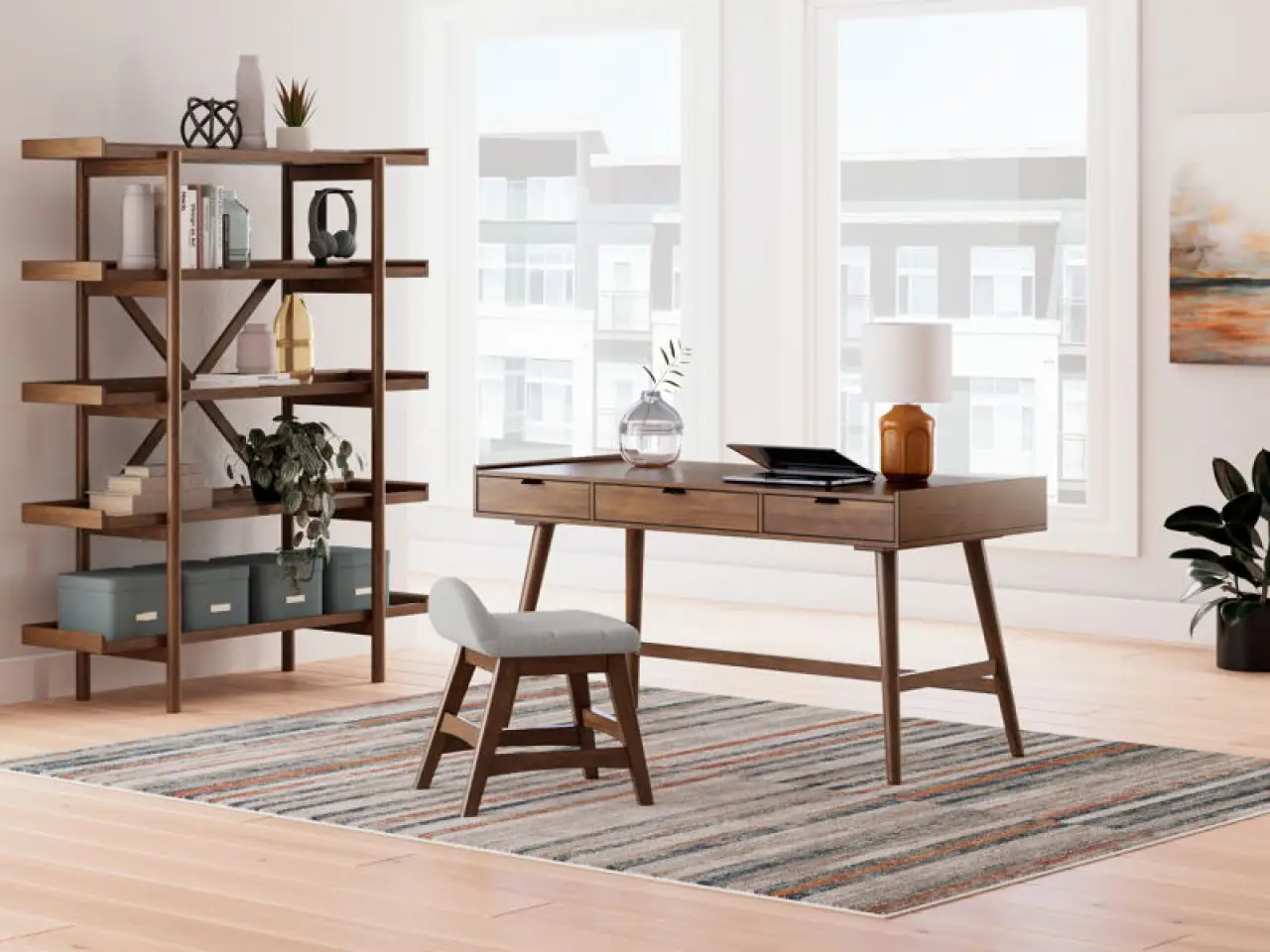 Lyncott - 3 Pc. - Home Office Desk, Chair, Bookcase - Brown