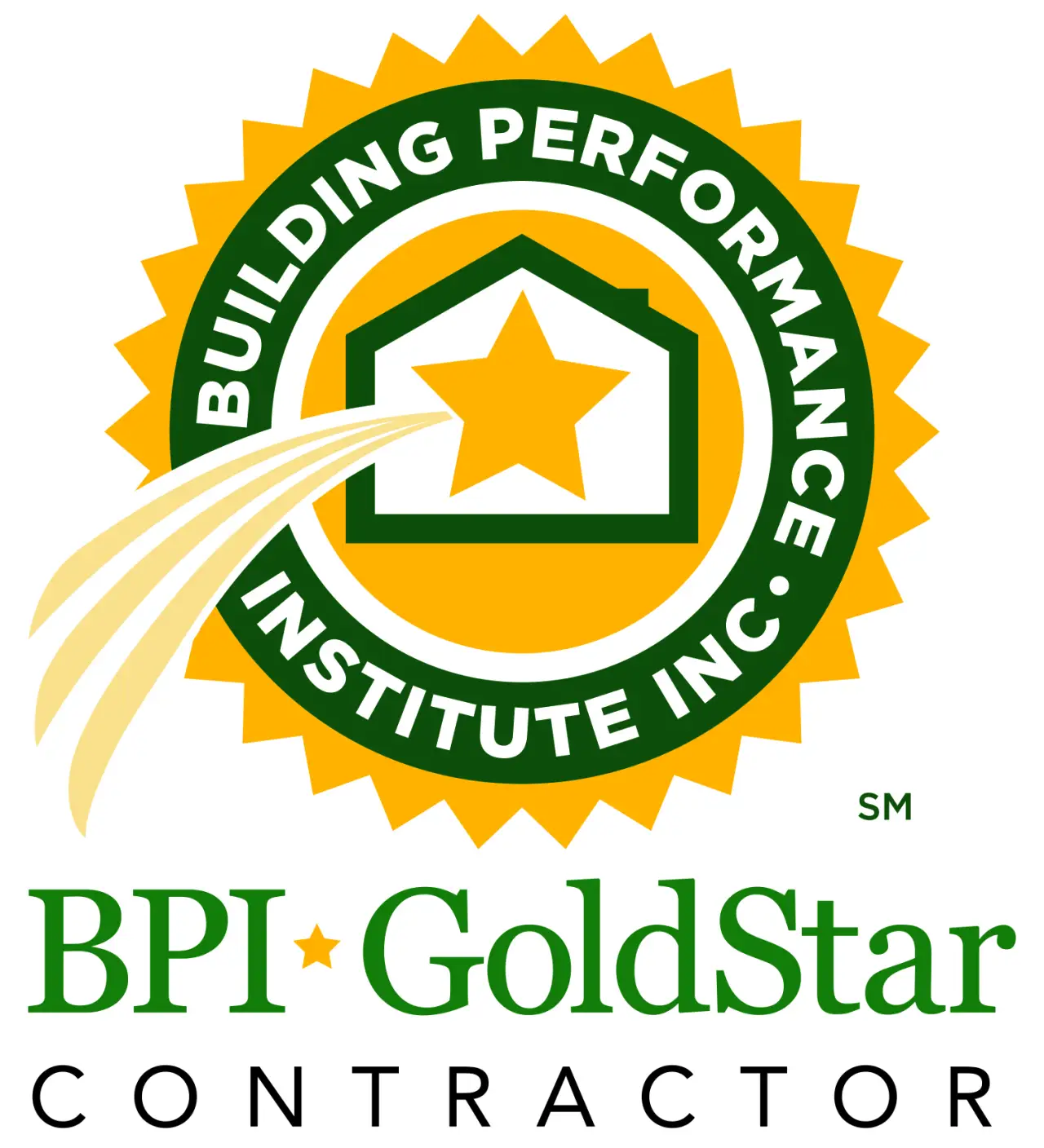 BPI GoldStar Contractor logo with a star inside a house and yellow sunburst seal.