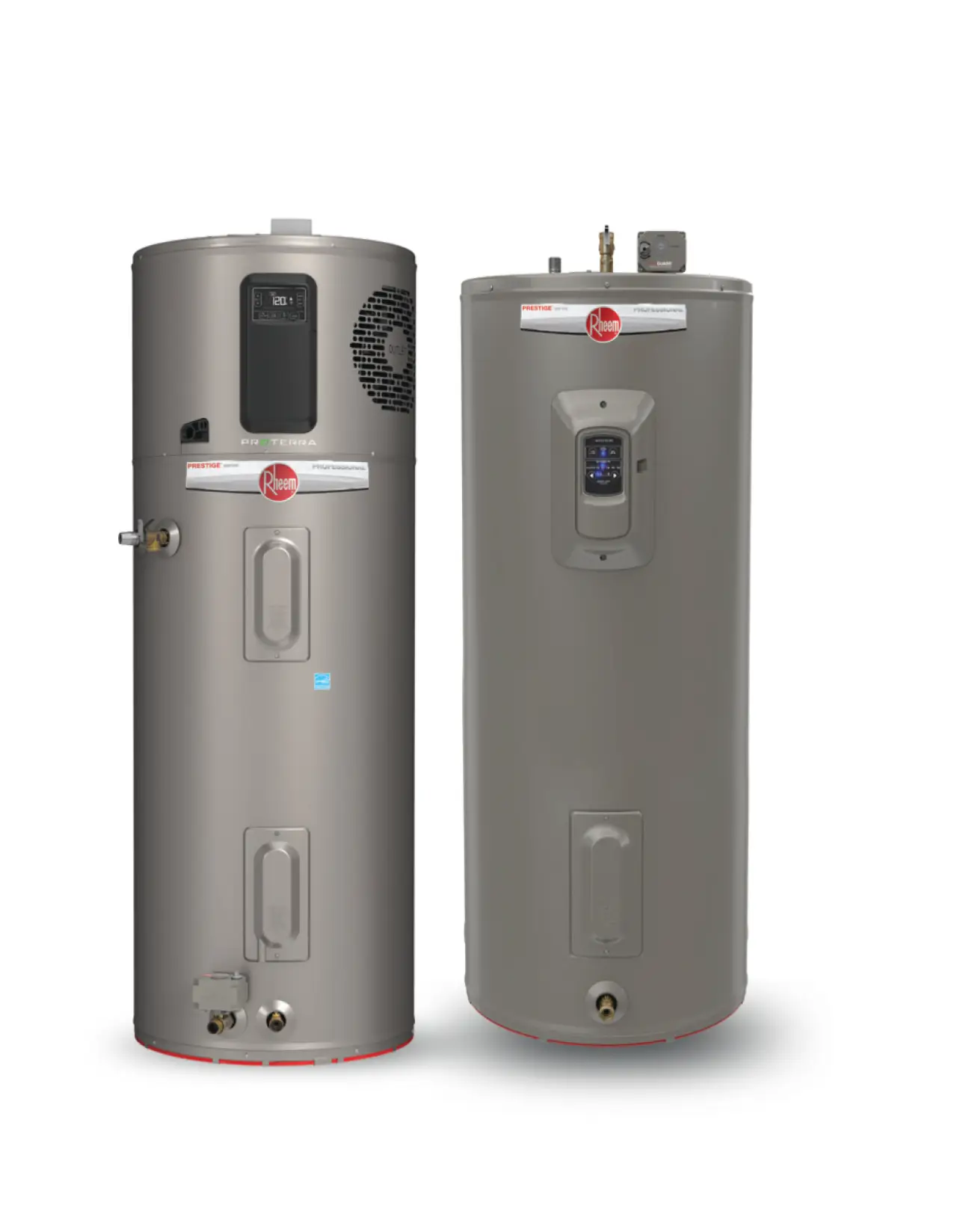 Two gray Rheem water heaters, one shorter and one taller, standing side by side on white.