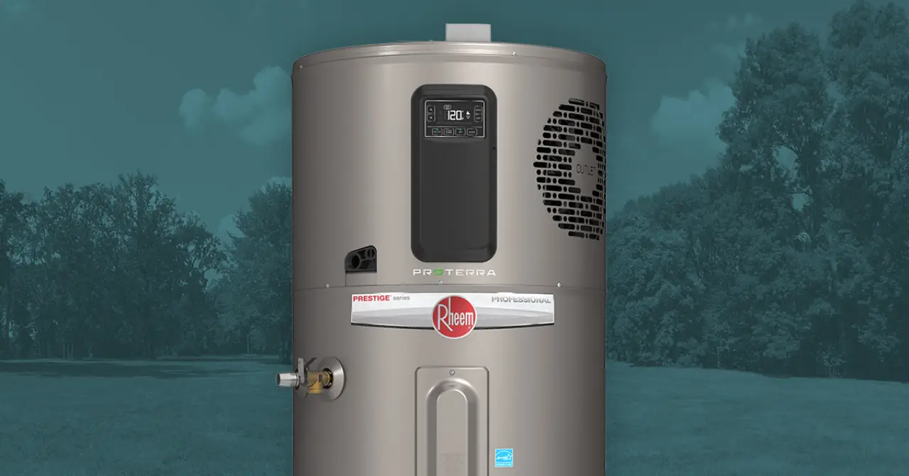 Gray Rheem ProTerra water heater with digital display, set against a park background.