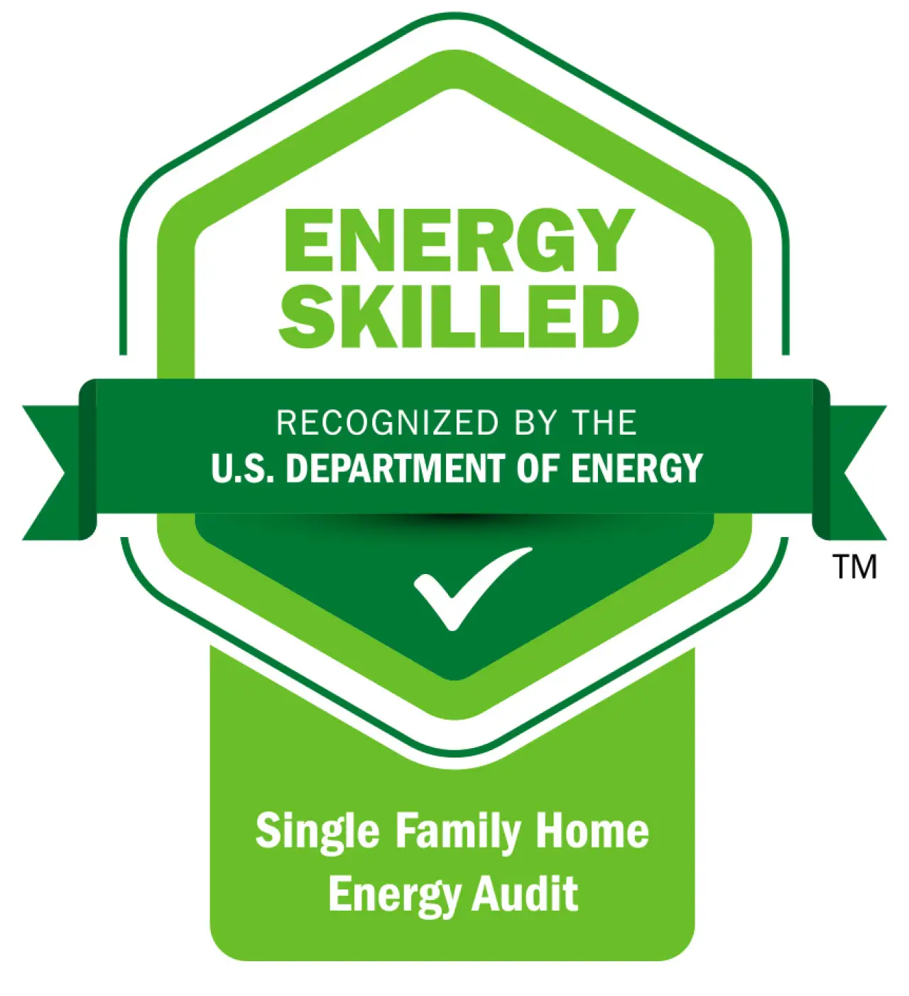 Badge reading Energy Skilled, recognized by the U.S. Department of Energy, Single Family Home Energy Audit.
