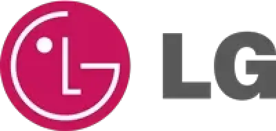 LG logo with a pink circle featuring a stylized face and bold grey LG letters to the right.