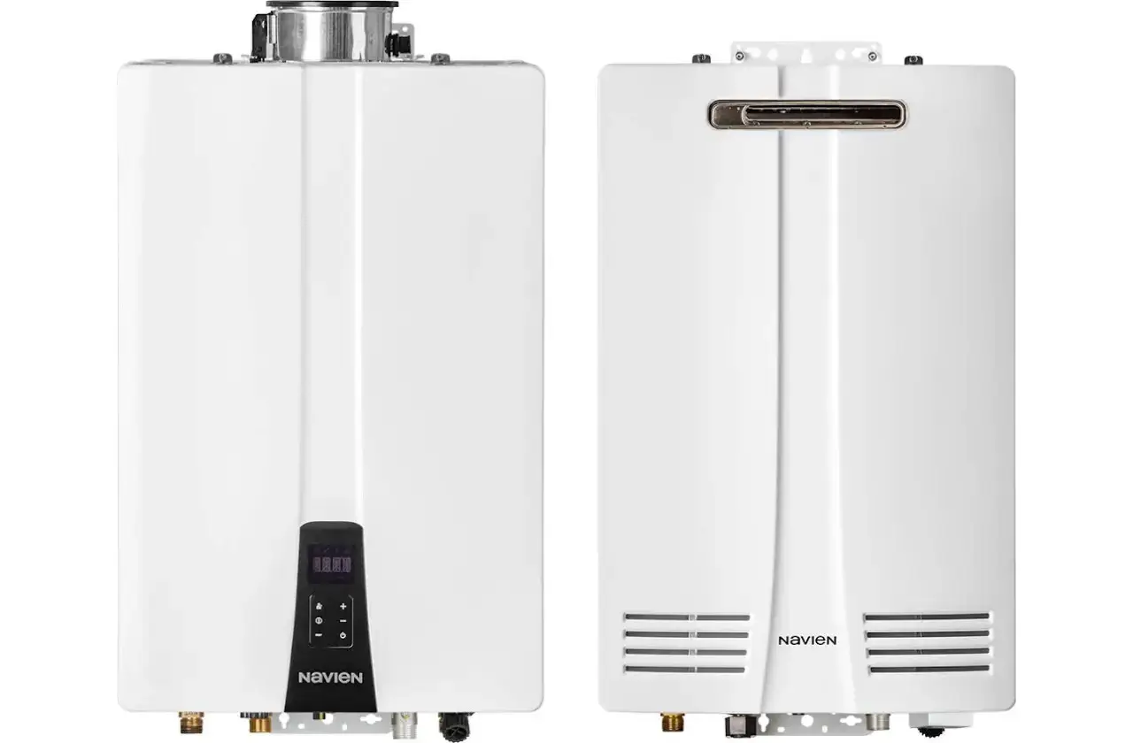 These are Navien tankless water heaters, known for energy efficiency and compact design.