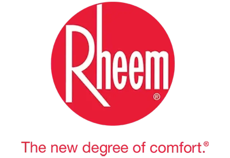 Rheem logo with slogan The new degree of comfort in red and white.