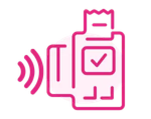 Pink icon of a contactless payment terminal with a receipt and checkmark on the screen.