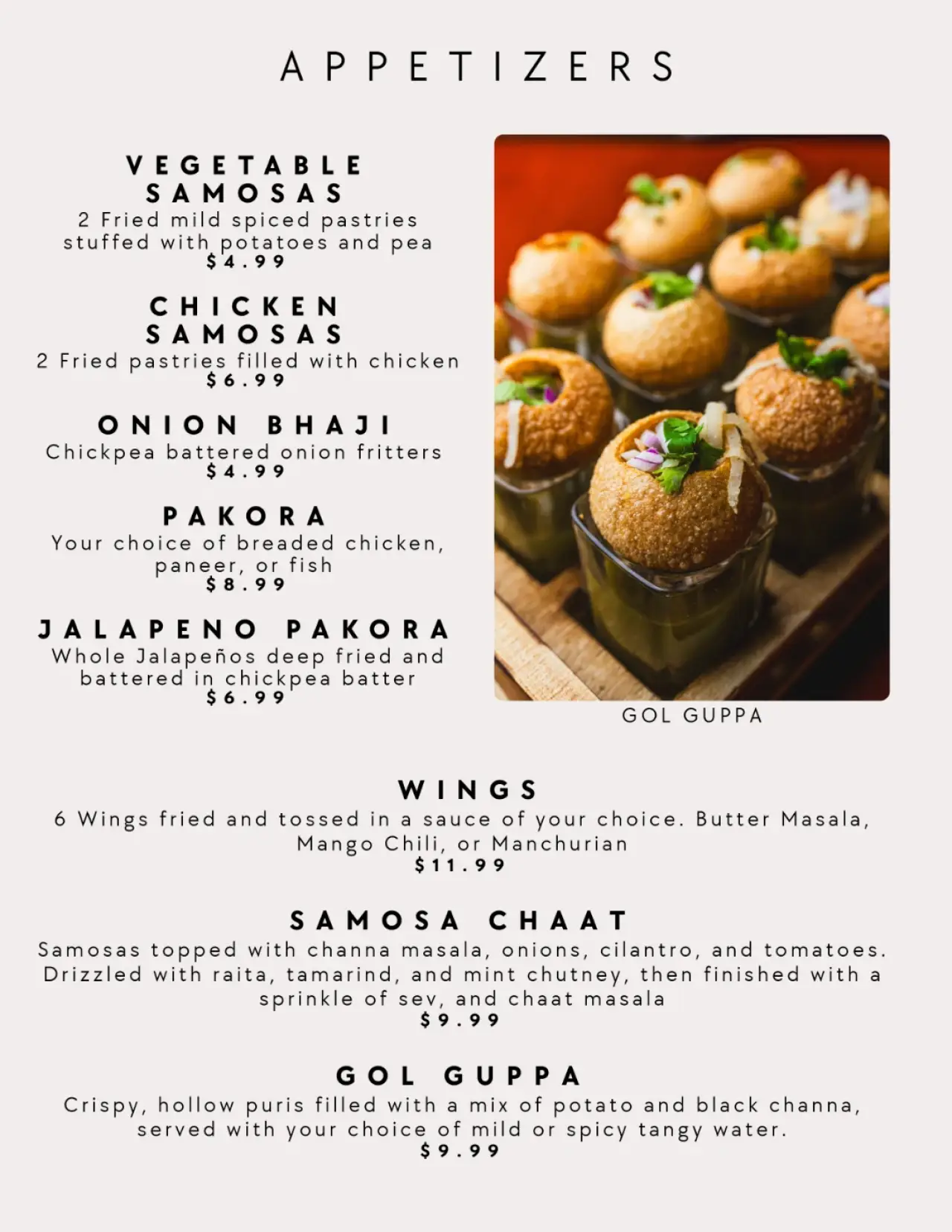 Menu of our Authentic Indian Cuisine