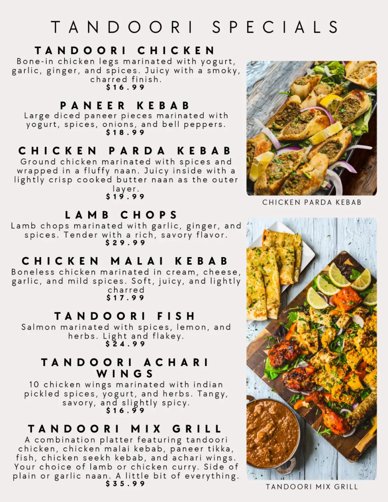 Menu of our Authentic Indian Cuisine