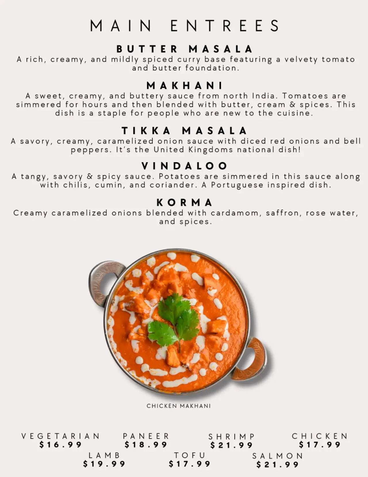 Menu of our Authentic Indian Cuisine