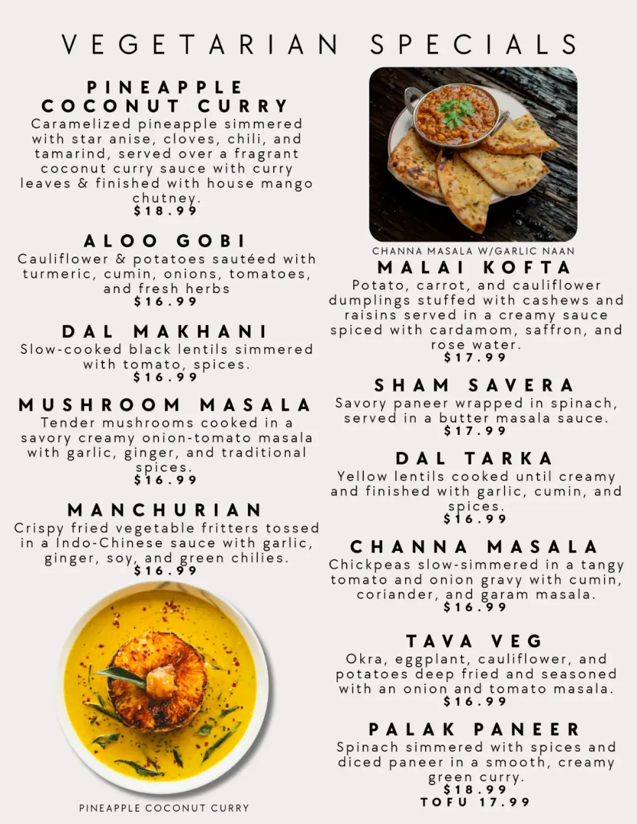 Menu of our Authentic Indian Cuisine