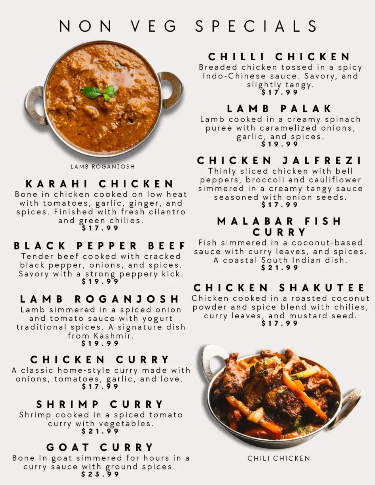 Menu of our Authentic Indian Cuisine