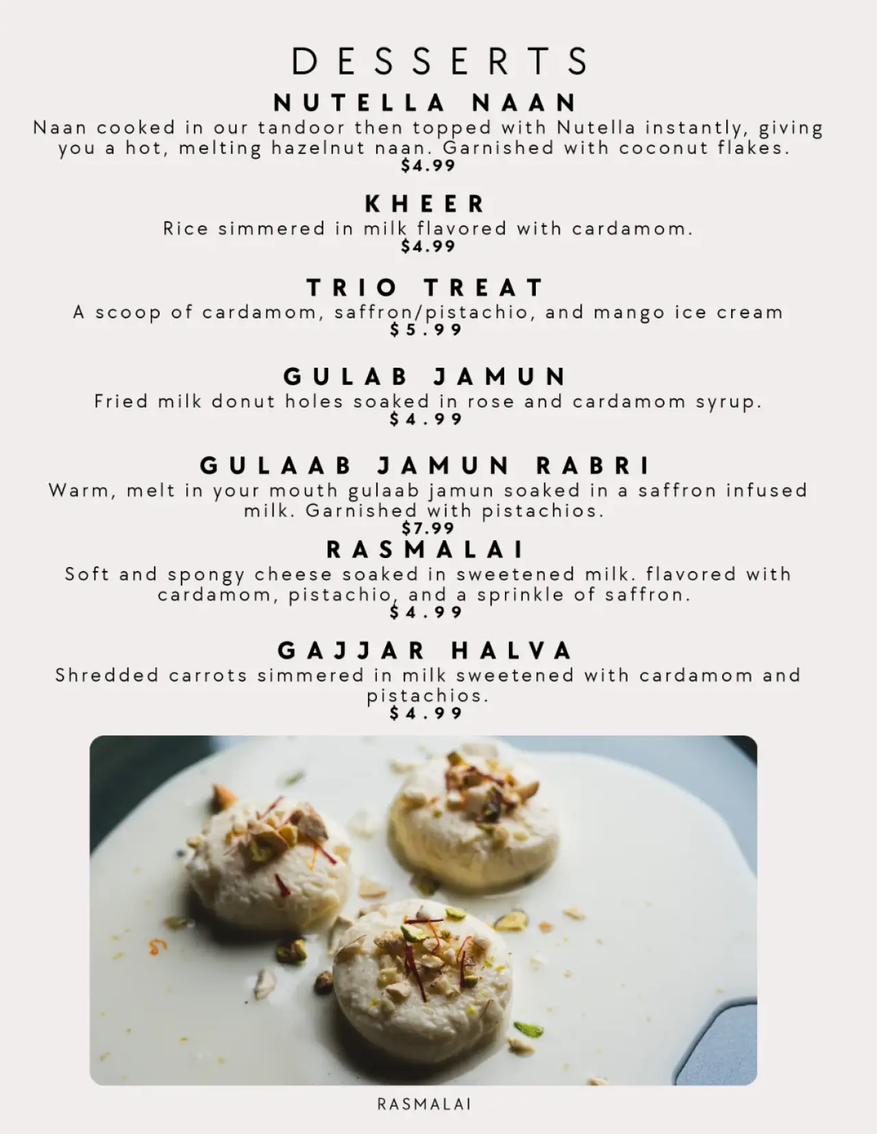 Menu of our Authentic Indian Cuisine