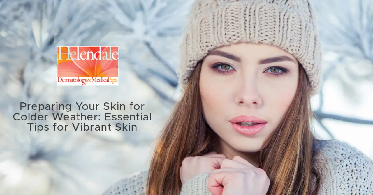 Woman in knit hat and sweater outdoors, with Helendale Dermatology & Medical Spa logo beside her.